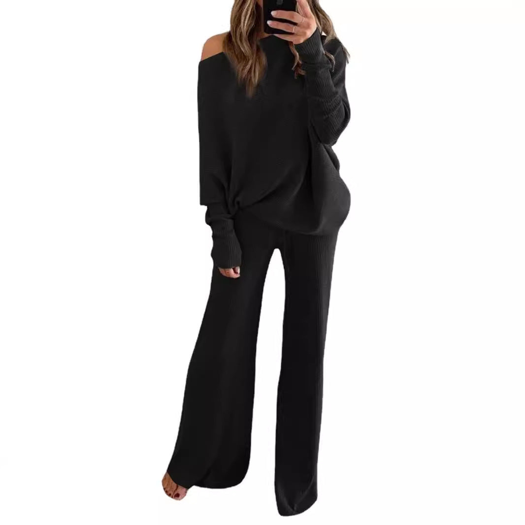 Conjunto de dos piezas formado por top y pantalón informal, manga larga, cuello redondo, color liso, para mujer, otoño e invierno