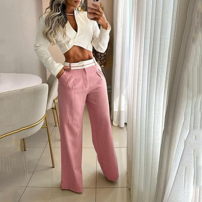 Conjunto de dos piezas informal de moda para mujer, con cuello en V, manga larga, top corto y pantalones anchos