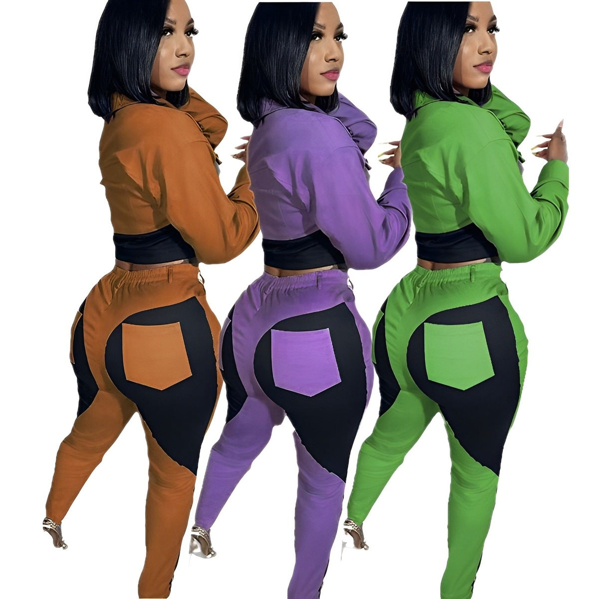 Conjunto deportivo informal de dos piezas para mujer, con costuras de color, manga larga y pantalones