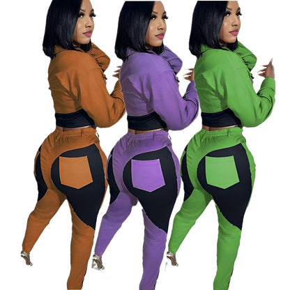 Conjunto deportivo informal de dos piezas para mujer, con costuras de color, manga larga y pantalones