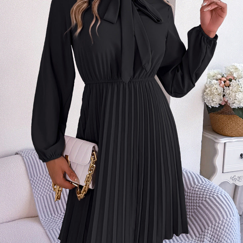 Vestido plisado informal de manga larga con cintura definida y cordones para mujer