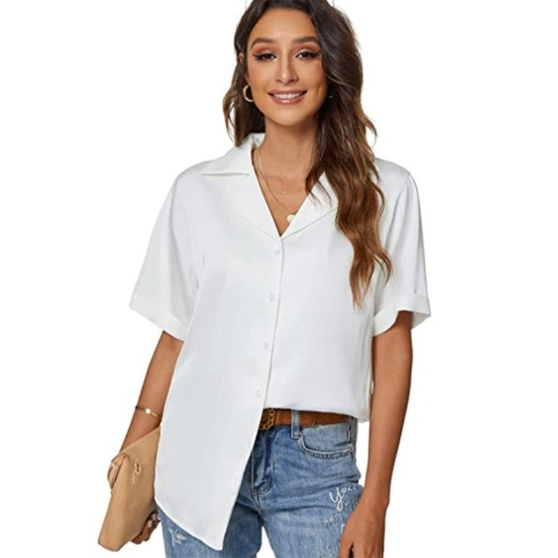 Blusa holgada informal de un solo pecho para mujer, elegante, de oficina, básica, de satén, de manga corta, de verano, de color liso