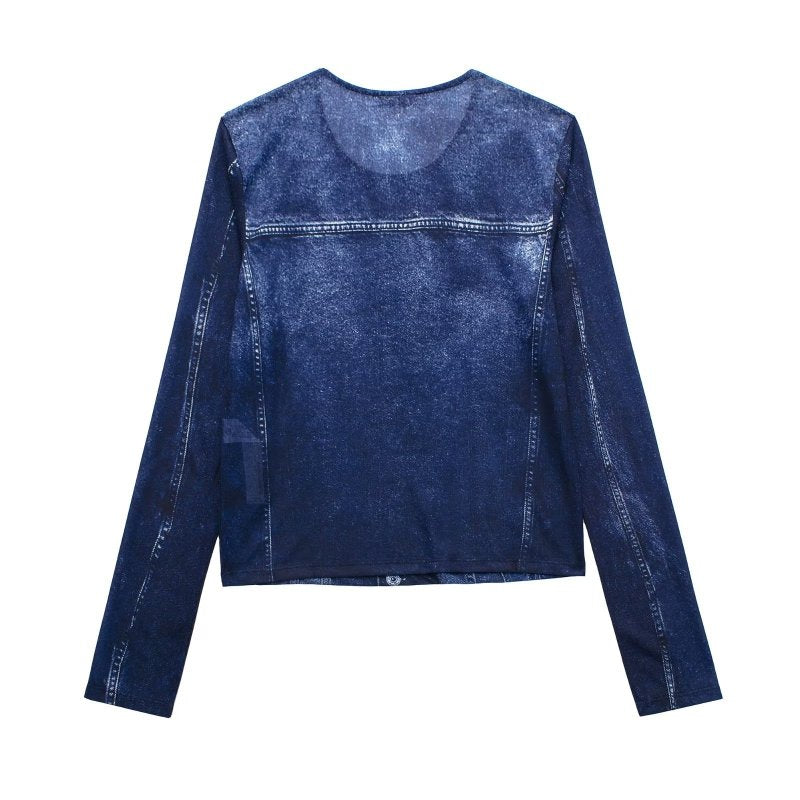 Chaqueta vaquera informal de manga larga con solapa y botonadura sencilla para mujer