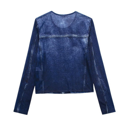 Chaqueta vaquera informal de manga larga con solapa y botonadura sencilla para mujer