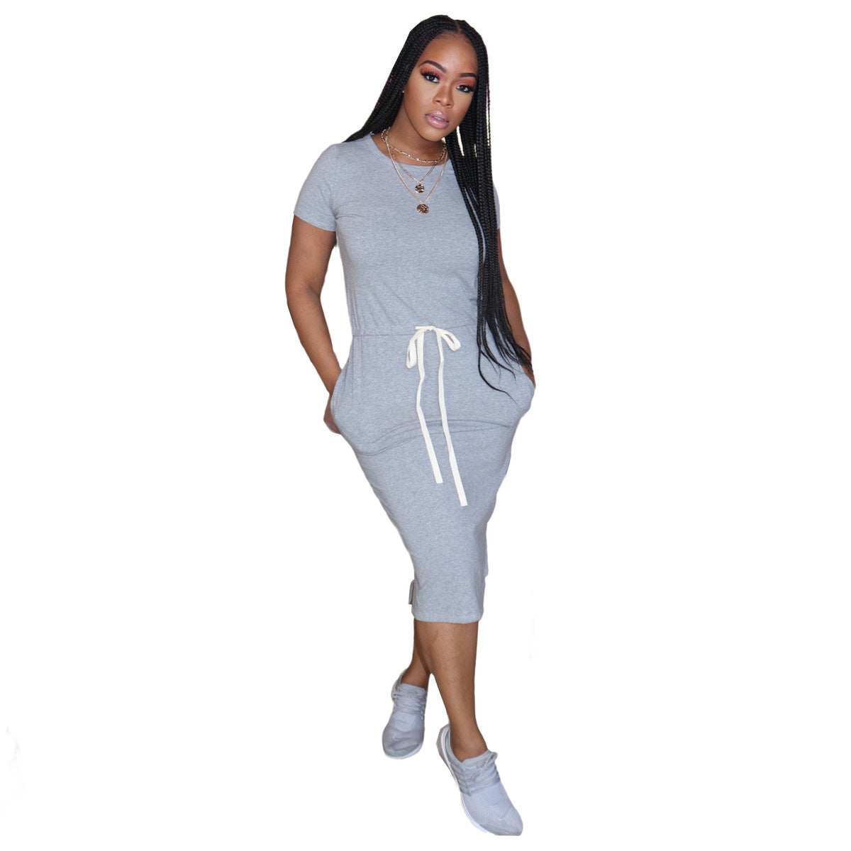 Basic Elastic Drawstring Waist Short Sleeve Solid Color Women Casual Dress