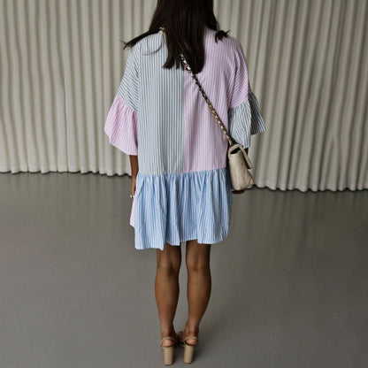 Women Casual Stripe Contrast Print Flare Short Sleeve Casual Dress