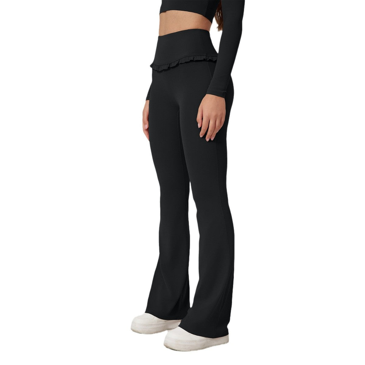 Women Fashion Casual Solid Color Lace Edge High Waist Yoga Sports Pants