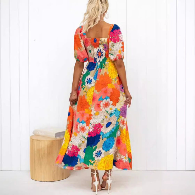 Women Casual Fashion Printed V-Neck Puff Sleeve Vacation Maxi Dress