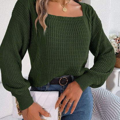 Autumn Winter Women Fashion Casual Solid Color Square Collar Twist Lantern Sleeve Knitted Sweater