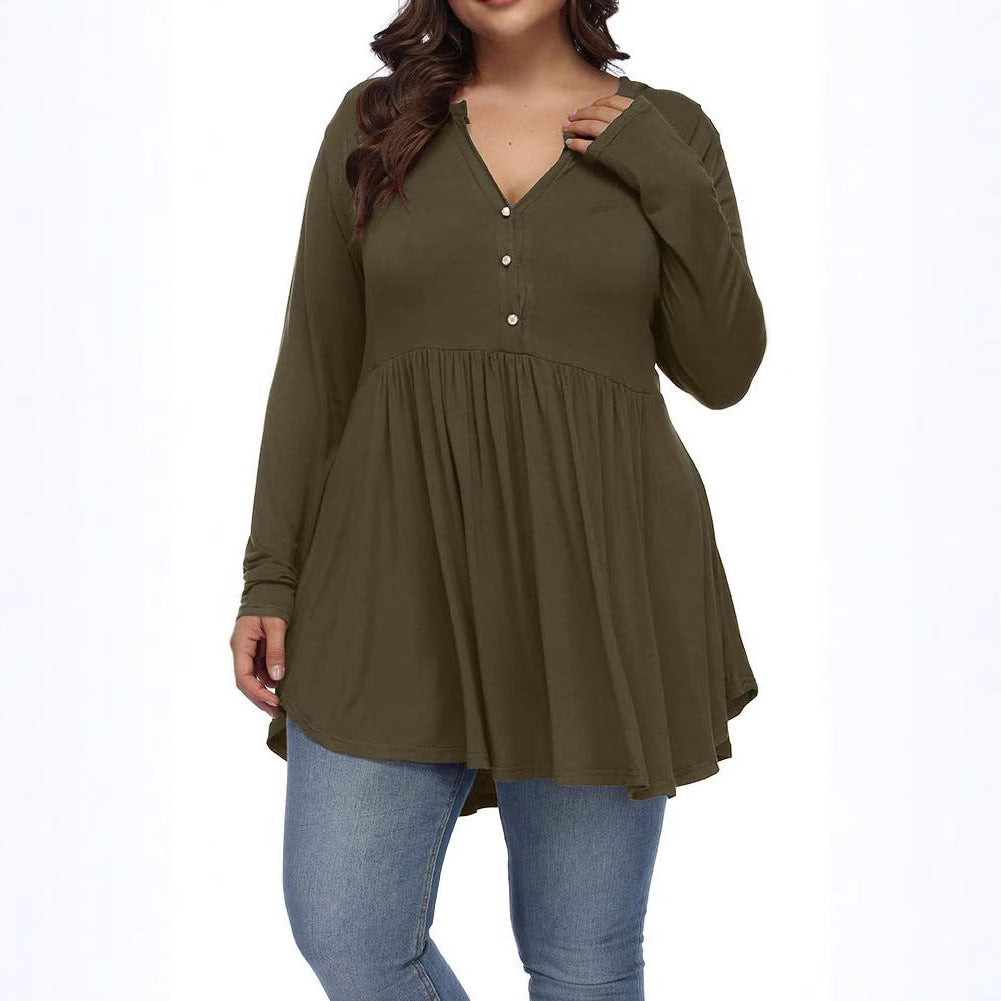 Camiseta informal de manga larga plisada con botones y escote en V de color liso para mujer, talla grande