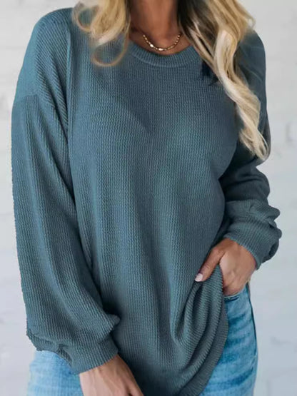 Sudadera informal holgada de color liso con cuello redondo y manga larga para mujer