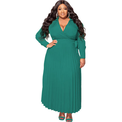 Women Fashion Casual Solid Color Plus Size V-Neck Lace-Up Long Sleeve Pleated Dress