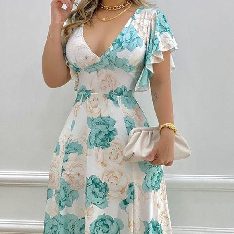 Women Fashion Casual Floral Printing V-Neck Flare Sleeve Dress