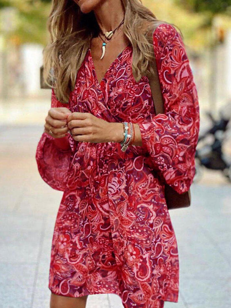 Women Elegant V Neck Vintage Bohemian Printed Casual Loose Waist Long Sleeve A Line Mini Summer Dress