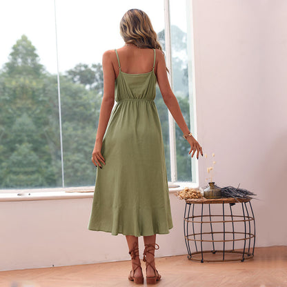 Women Summer Casual Fashion Solid Color Irregular Sling Dress