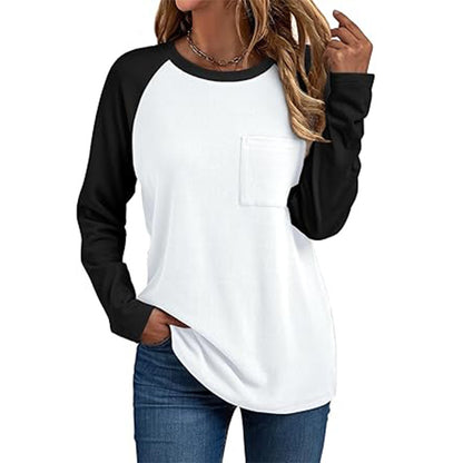 Camiseta informal de manga larga con cuello redondo y bolsillo para mujer