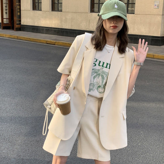 Conjunto elegante de dos piezas para oficina, de verano, informal, holgado, de manga corta y blazer corto.