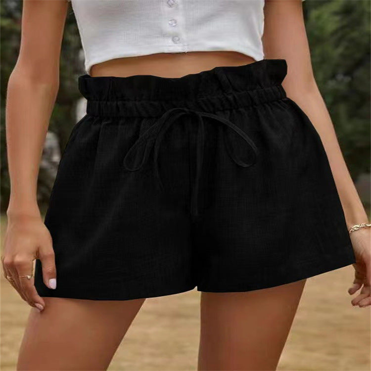 Summer Women Casual Solid Color High Waist Lace-Up Loose Shorts