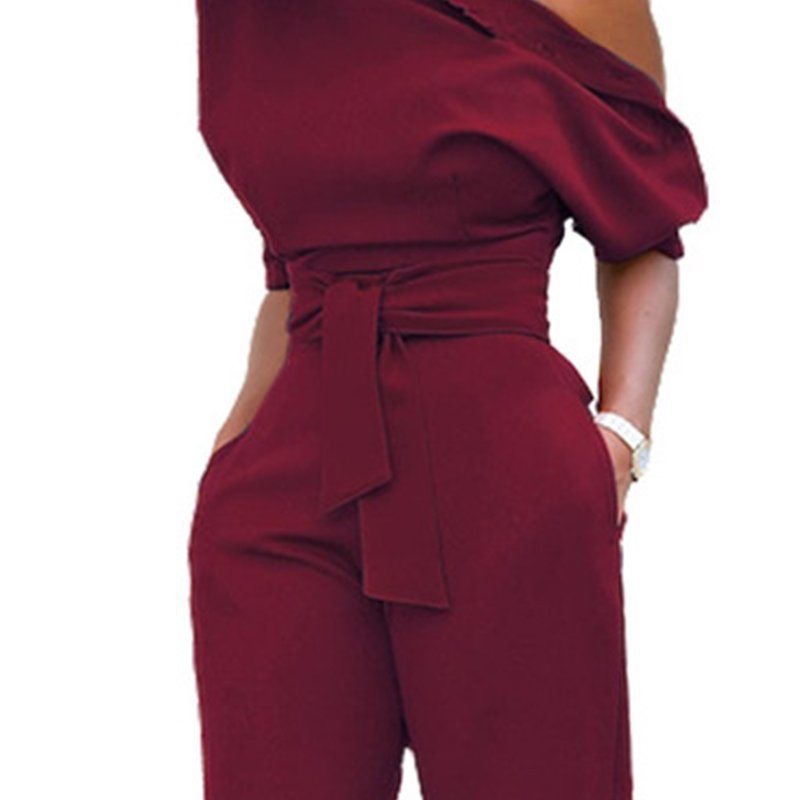 Women Casual Elegant Off-Shoulder Button Down Solid Color Short Sleeve Rompers