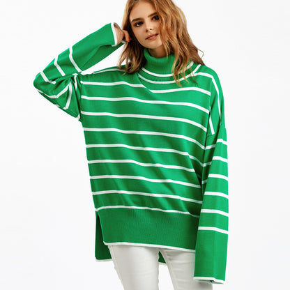 Autumn And Winter Women Casual Stripe Turtleneck Knitted Sweater