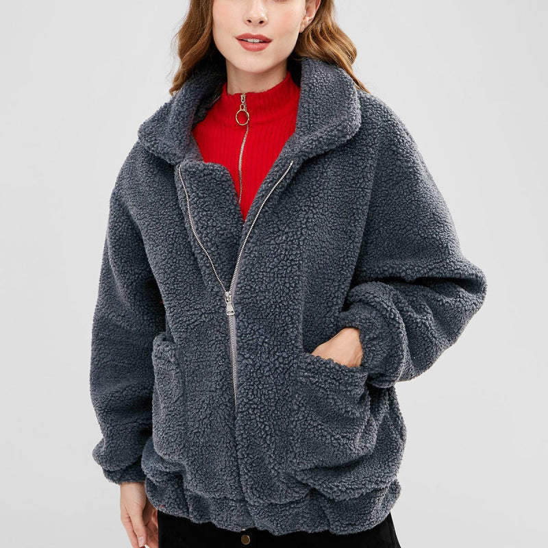 Abrigo de peluche de manga larga con bolsillo y solapa de color liso para mujer, informal, de invierno