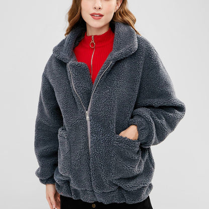Abrigo de peluche de manga larga con bolsillo y solapa de color liso para mujer, informal, de invierno
