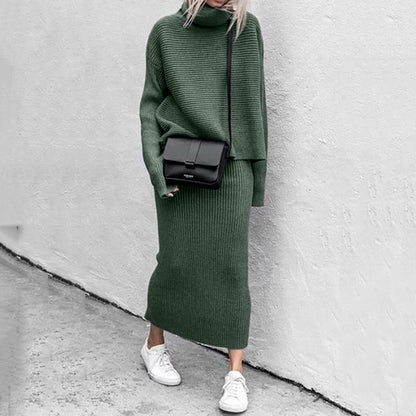 Conjunto de dos piezas informal holgado de cuello alto y manga larga para mujer, de punto liso, para invierno y otoño