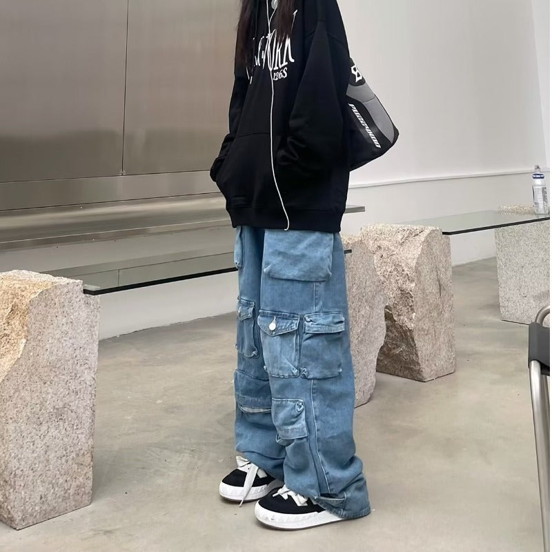 Vaqueros cargo sencillos, holgados, informales, atrevidos, de color claro, para mujer