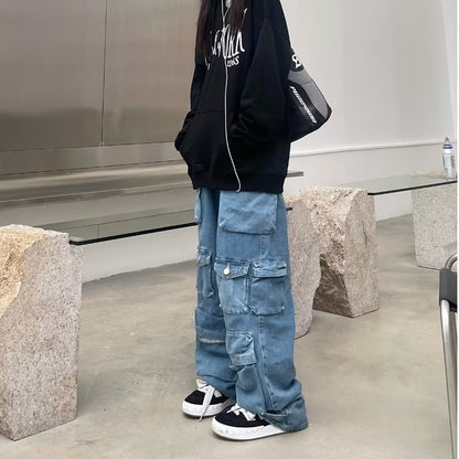 Vaqueros cargo sencillos, holgados, informales, atrevidos, de color claro, para mujer