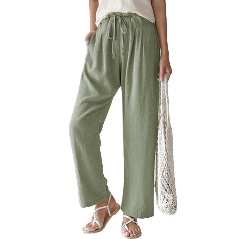 Pantalones rectos holgados de cintura elástica de lino y algodón para mujer