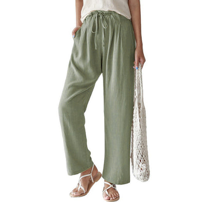 Pantalones rectos holgados de cintura elástica de lino y algodón para mujer