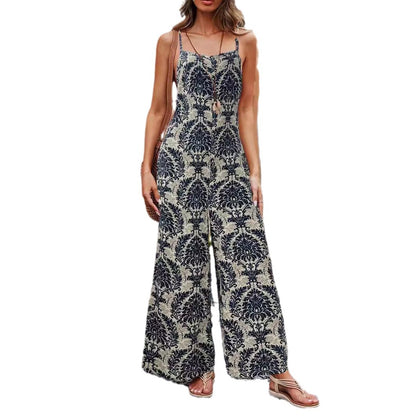 Women Casual Vacation Flower Printed Camisole Wide Leg Jumpsuits