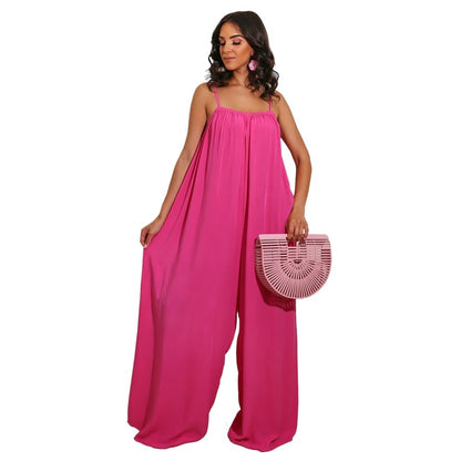 Women Fashion Casual Solid Color Spaghetti Strap Loose Jumpsuits