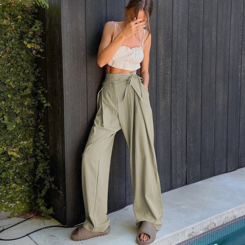 Pantalones casuales de cintura alta holgados de color sólido a la moda para mujer