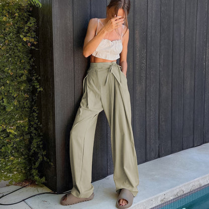 Pantalones casuales de cintura alta holgados de color sólido a la moda para mujer