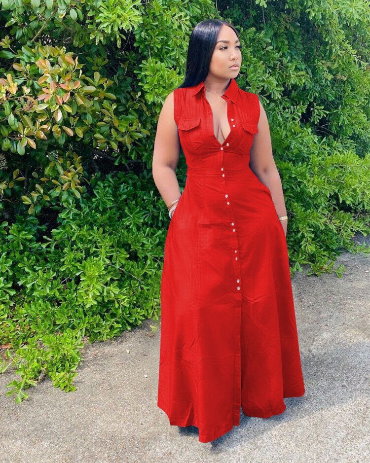 Women Fashion Casual Plus Size Solid Color Lapel Sleeveless Maxi Dress