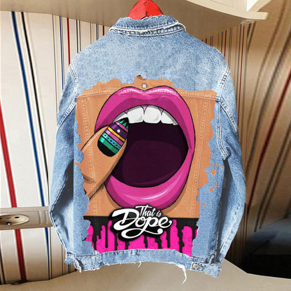 Chaqueta vaquera informal de manga larga con estampado gráfico y botonadura sencilla para mujer