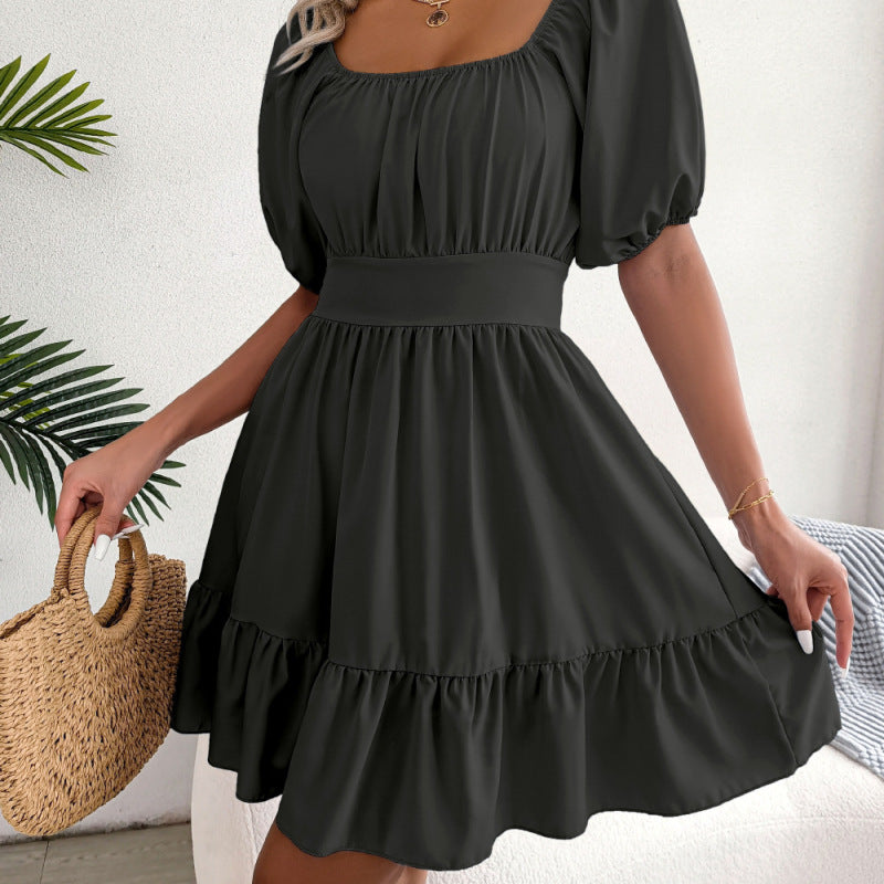 Women Fashion Casual Solid Color Puff Sleeve Square Neck Back Bowknot Dress