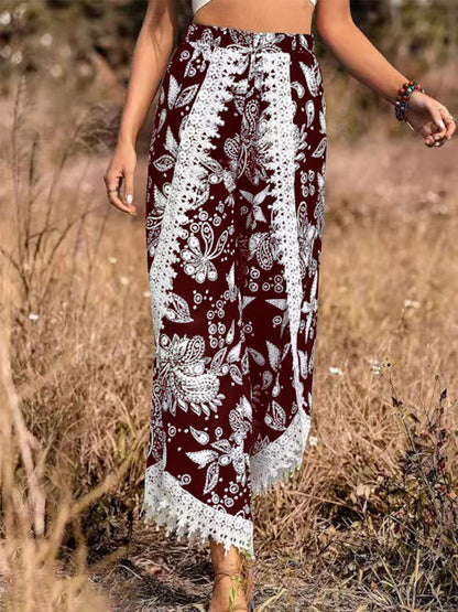 Women'S Fashion Vintage Boho Casual Paisley Printing Lace Tassel Loose Trousers Pants