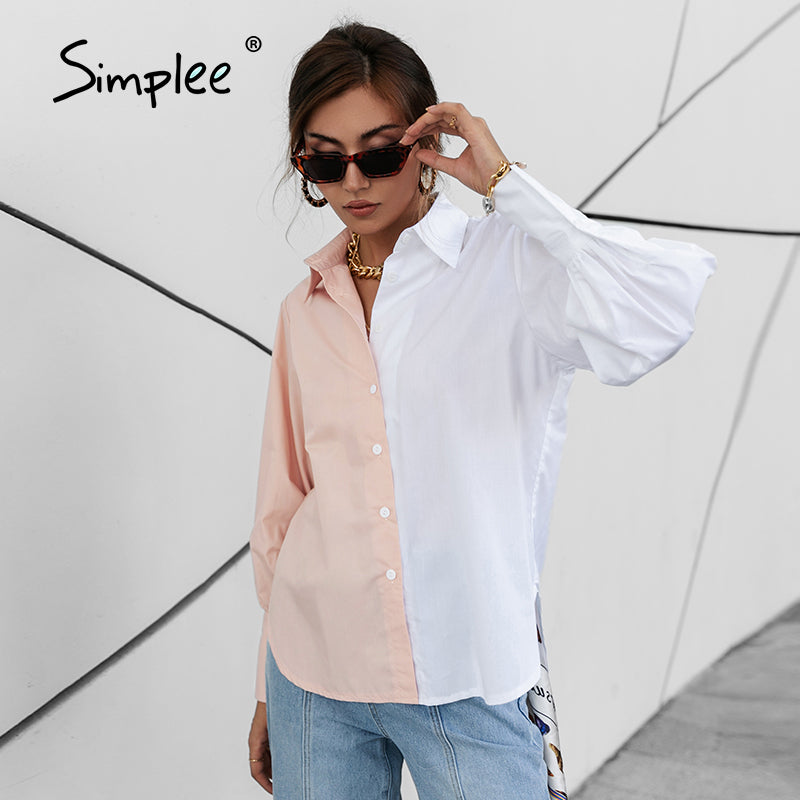 Blusa informal de trabajo para mujer con mangas largas abullonadas, botonadura sencilla y diseño de bloques de color