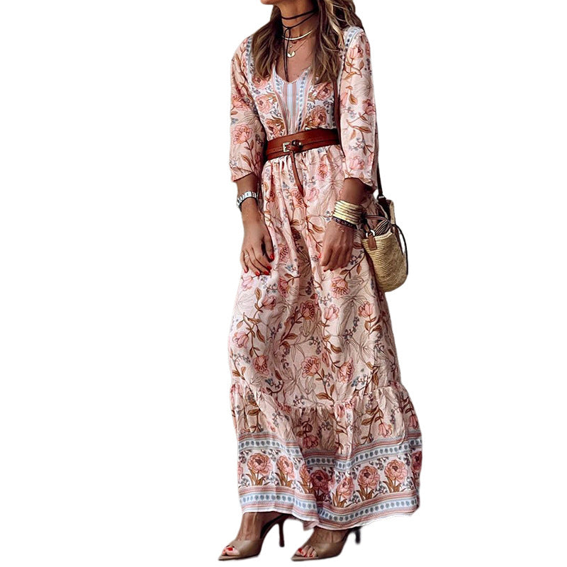 Women Fashion Casual Boho Print Long-Sleeve V-Neck Dress