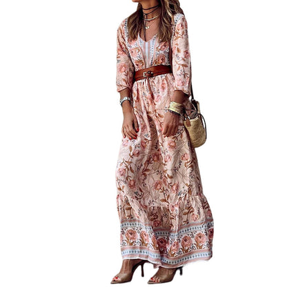 Women Fashion Casual Boho Print Long-Sleeve V-Neck Dress