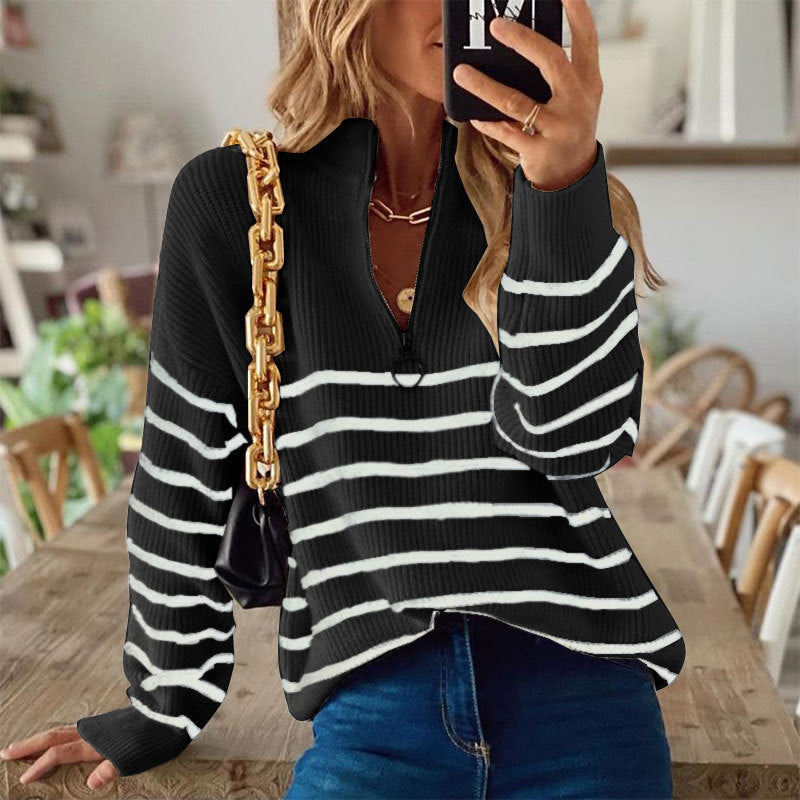 Suéter informal de cuello alto con cremallera y rayas a la moda para mujer