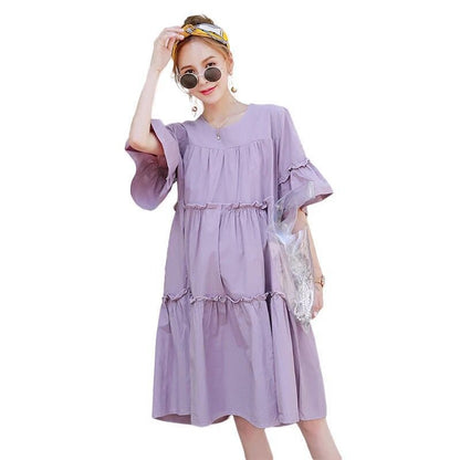Pregnant Women Fashion Casual Loose Ruffled Stitching Short-Sleeve Dress