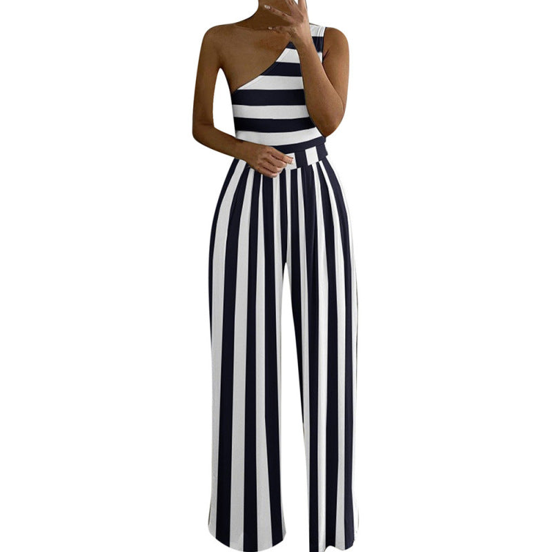Women Slant Collar Sleeveless Casual Elegant Stripe Gradient Jumpsuits