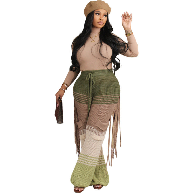 Pantalones rectos holgados con borlas y diseño de bloques de color para mujer, informales, de invierno