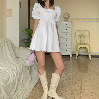 Summer Casual Sweet Women Square Neck Backless Puff Sleeve Solid Color Swing Dress