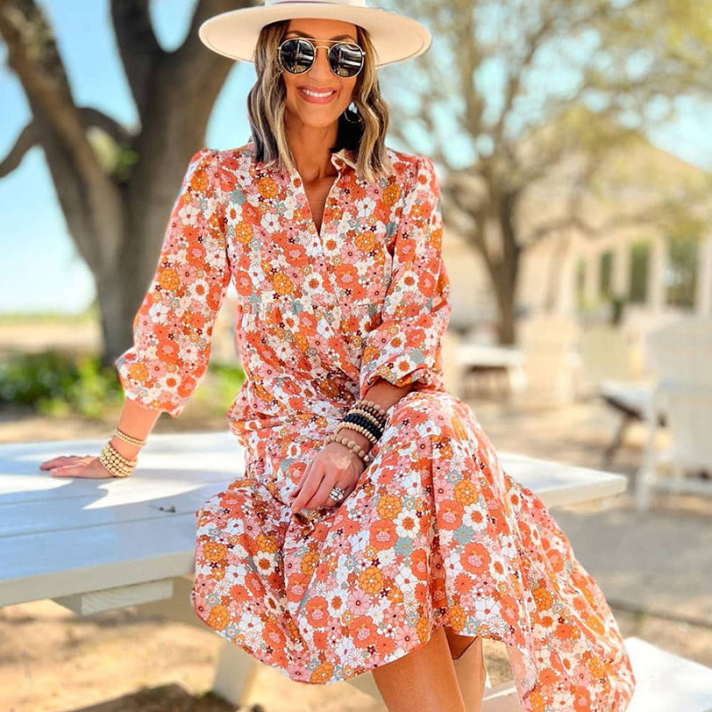 Vacation Women Boho Floral Print Casual Midi Long Sleeve Dress