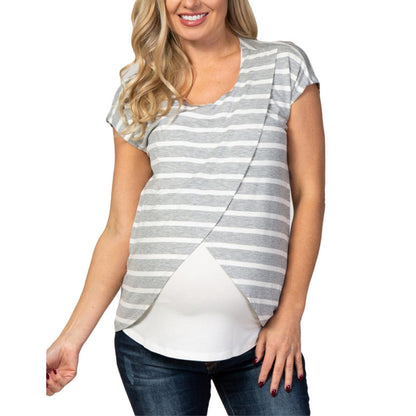 Camiseta de lactancia materna de manga corta con estampado de rayas informal para embarazadas