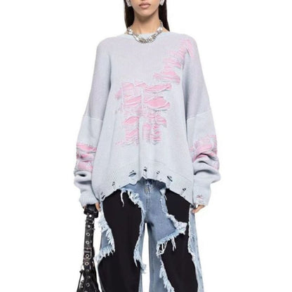 y2k Winter Street Fashion Women Casual Loose Ripped Color-Matching Long-Sleeved Knitted Sweater